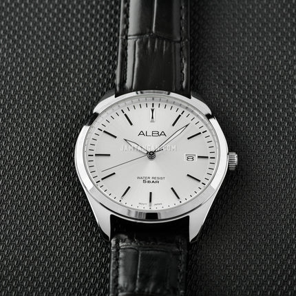 Alba Prestige AS9S29X1 Men Silver White Dial Black Leather Strap