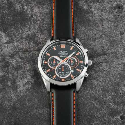 Alba Active AT3H65X1 Chronograph Men Black Dial Black Leather Strap