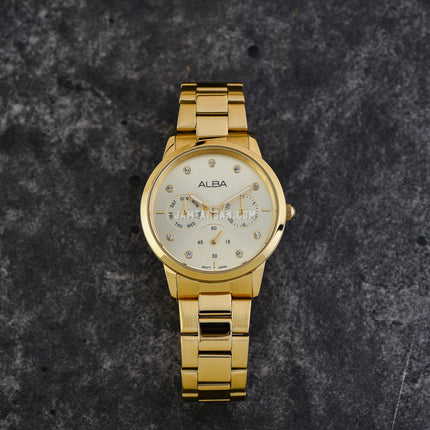 Alba AP6722X1 Ladies Multifunction Gold Dial Gold Stainless Steel Strap
