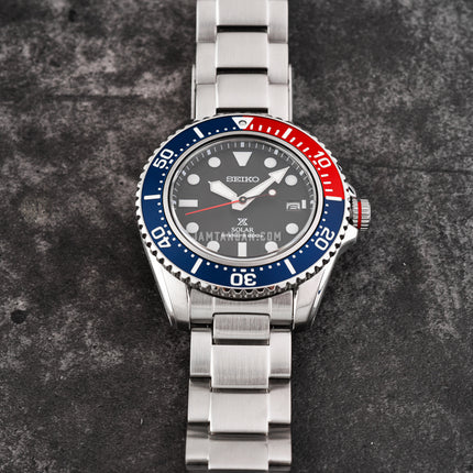 Seiko Prospex SNE591P1 Solar Divers 200M Pepsi Black Dial Stainless Steel Strap