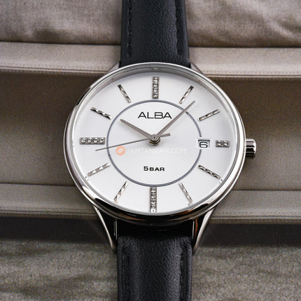 Alba Fashion AG8Q59X1 Ladies Silver White Dial Black Leather Strap