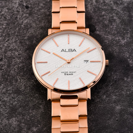 Alba Prestige AS9K06X1 Men White Dial Rose Gold Stainless Steel Strap
