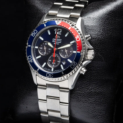 Orient Sports RA-TX0201L Mako Solar Pepsi Diver Chronograph Navy Blue Dial Metal Strap