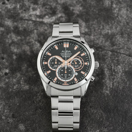Alba AT3H67X1 Chronograph Men Black Dial Stainless Steel Strap