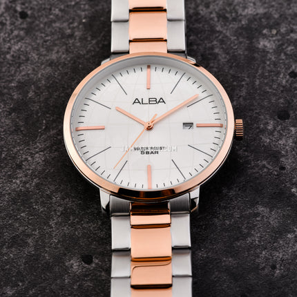 Alba Prestige AS9J78X1 Silver White Dial Dual Tone Stainless Steel Strap