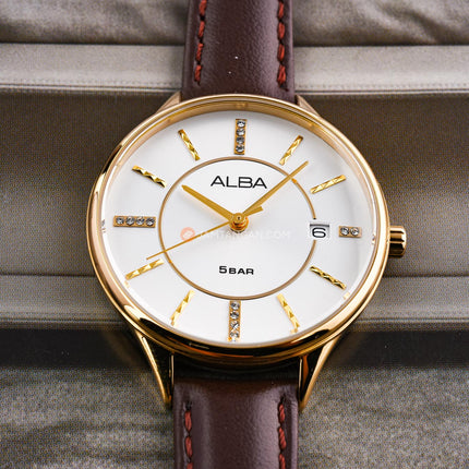 Alba Fashion AG8Q58X1 Ladies Silver White Dial Dark Brown Leather Strap