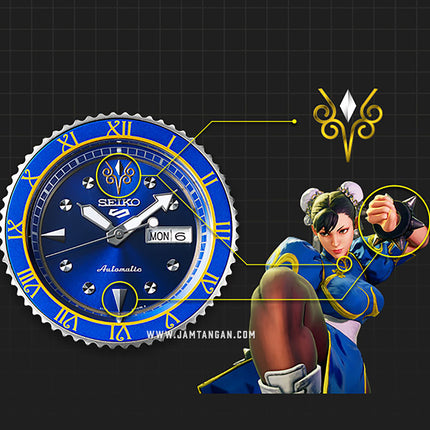 Seiko 5 Sports SRPF17K1 Street Fighter Chun-Li Blue Jade Model Blue Leather Strap Limited Edition