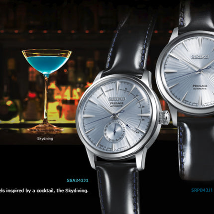 Seiko Presage SSA343J1 Cocktail Time Skydiving Automatic Ice Blue Texture Dial Black Leather Strap