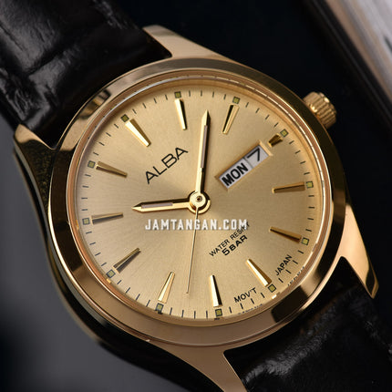 Alba AN8092X1 Ladies Gold Dial Black Leather Strap