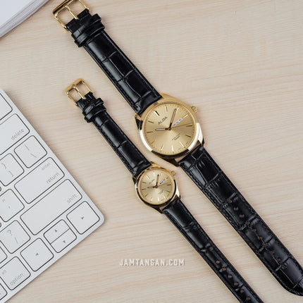 Alba AN8092X1_AJ6196X1 Couple Gold Dial Black Leather Strap