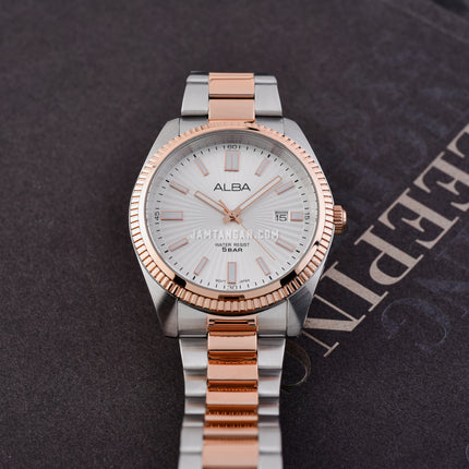 Alba Prestige AS9S62X1 Men Silver White Patterned Dial Dual Tone Stainless Steel Strap