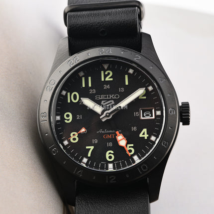 Seiko 5 Sports SSK025K1 GMT Field Street Style Deception Black Dial Black Leather Strap