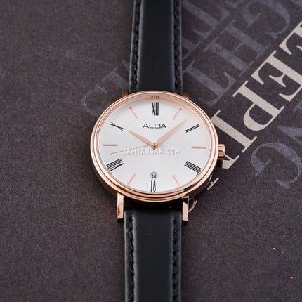 Alba Fashion AG8N88X1 Ladies Silver White Dial Black Leather Strap