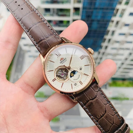 Orient RA-AS0009S Automatic Sun & Moon Open Heart Dial Brown Leather Strap