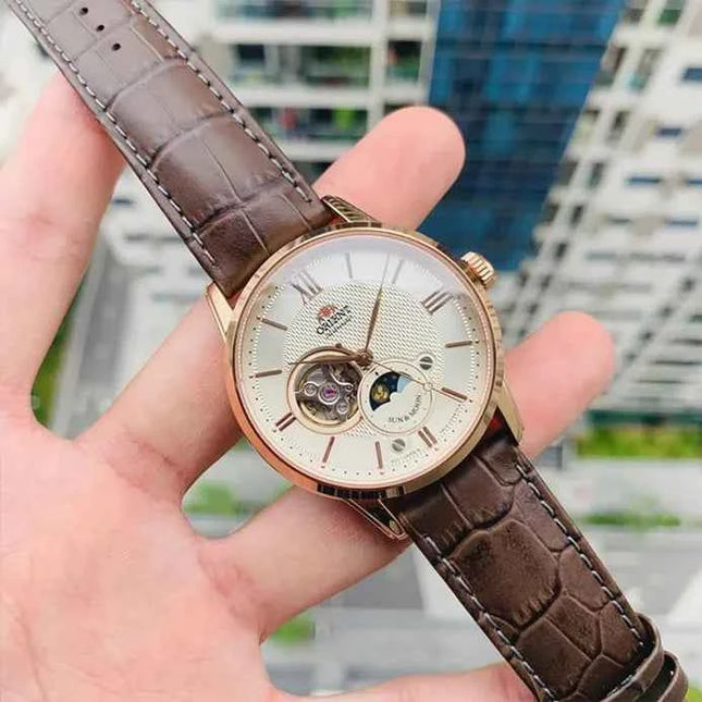 Orient RA-AS0009S Automatic Sun & Moon Open Heart Dial Brown Leather Strap