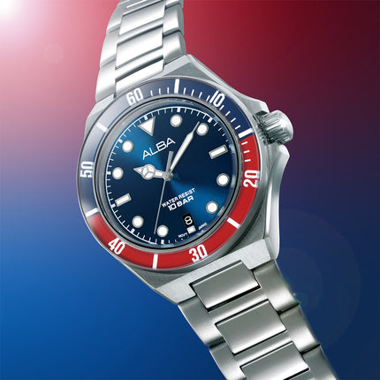 Alba Active AS9W09X1 Men Pepsi Blue Dial Stainless Steel Strap