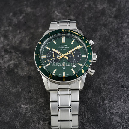 Alba AT3J71X1 Men Chronograph Green Dial Stainless Steel Strap