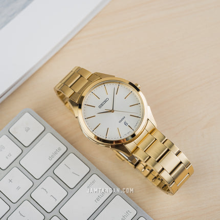Seiko Classic SGEG74P1 White Dial Gold Stainless Steel Strap