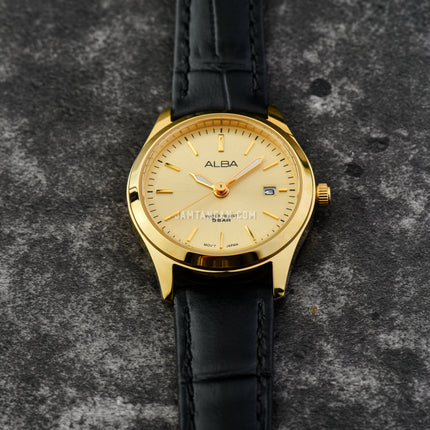 Alba Prestige AH7CG2X1 Ladies Light Champagne Dial Black Leather Strap