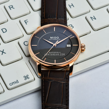 MIDO Baroncelli M037.407.36.061.00 Signature Gent Automatic Anthracite Dial Brown Leather Strap