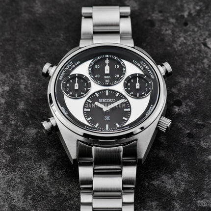 Seiko Prospex SFJ001P1 Speedtimer Panda Solar Chronograph Dual Tone Dial Stainless Steel Strap