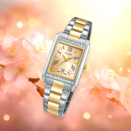 Alba Signa AH7EZ9X1 Ladies Champagne Gradation Dial Dual Tone Stainless Steel Strap