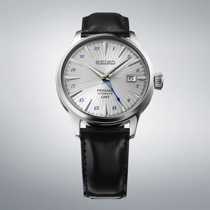 Seiko Presage SSK049J1 Cocktail Time Automatic GMT Silver Bullet Dark Blue Leather Strap