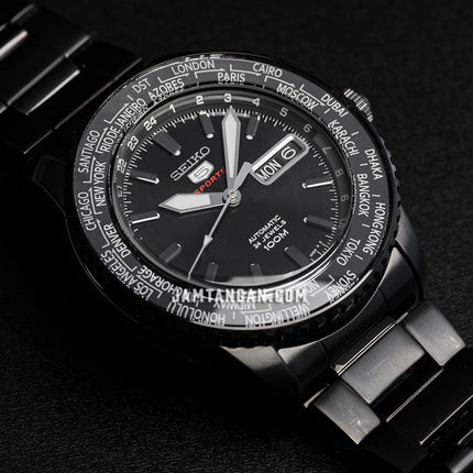 Seiko 5 Sports SRP129K1 World Time Automatic Black Dial Black Stainless Steel Strap