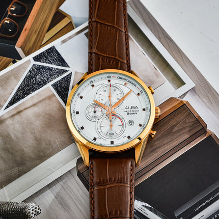 Alba Prestige AM3430X1 Chronograph Men Silver Dial Brown Leather Strap