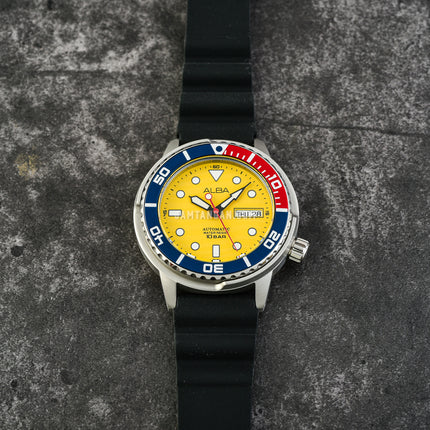 Alba AL4615X1 Automatic Men Yellow Patterned Dial Black SilIicone Strap