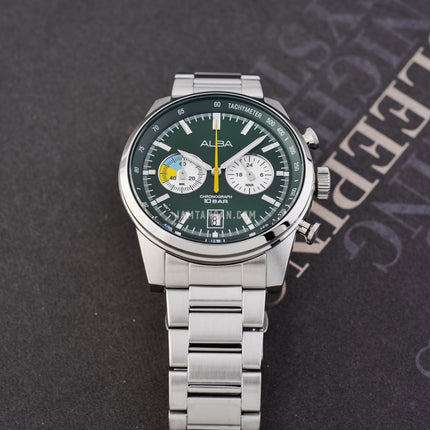Alba Signa A4B007X1 Chronograph Men Green White Dial Stainless Steel Strap