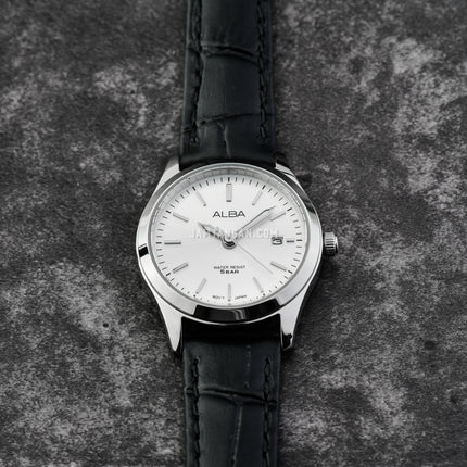 Alba Prestige AH7CG7X1 Ladies Silver White Dial Black Leather Strap