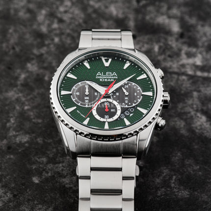 Alba Signa AT3J13X1 Chronograph Men Green Dark Grey Gradation Patterned Dial Stainless Steel Strap