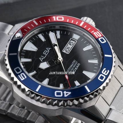 Alba Mechanical A3B017X1 Automatic Men Pepsi Black Pattern Dial Stainless Steel Strap