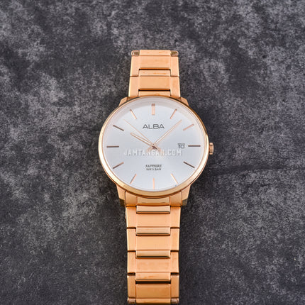 Alba Prestige AS9G56X1 Men Silver White Dial Rose Gold Stainless Steel Strap