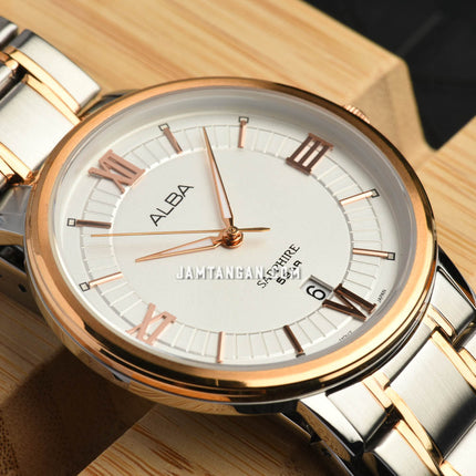 Alba AS9L22X1 Men Silver Patterned Dial Dual Tone Stainless Steel Strap