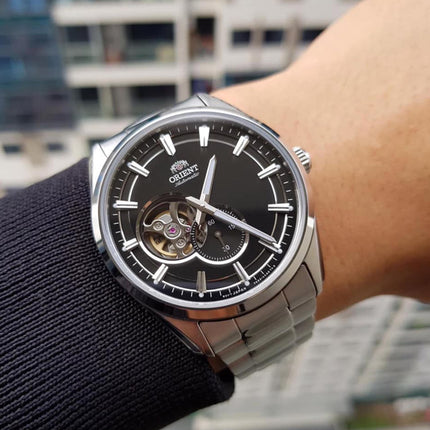 Orient Contemporary RA-AR0002B Semi Skeleton Series Men Open Heart Black Dial Stainless Steel Strap
