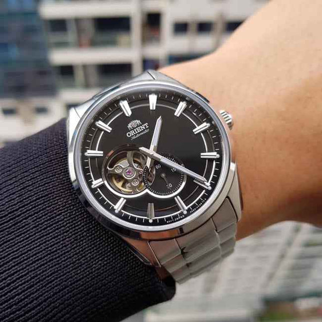 Orient Contemporary RA-AR0002B Semi Skeleton Series Men Open Heart Black Dial Stainless Steel Strap