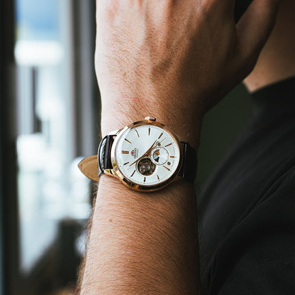 Orient Classic RA-AS0102S Automatic Sun & Moon Open Heart White Dial Brown Leather Strap