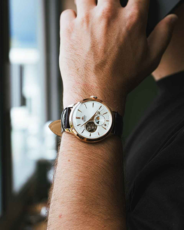 Orient Classic RA-AS0102S Automatic Sun & Moon Open Heart White Dial Brown Leather Strap