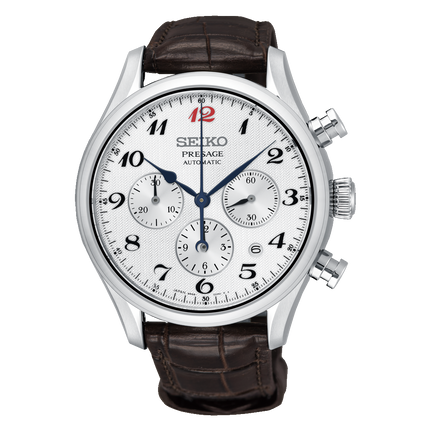 Seiko Presage SRQ025J1 Automatic Chronograph White Dial Brown Leather Strap