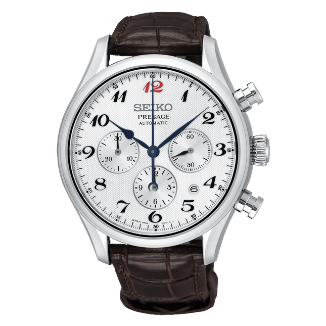 Seiko Presage SRQ025J1 Automatic Chronograph White Dial Brown Leather Strap