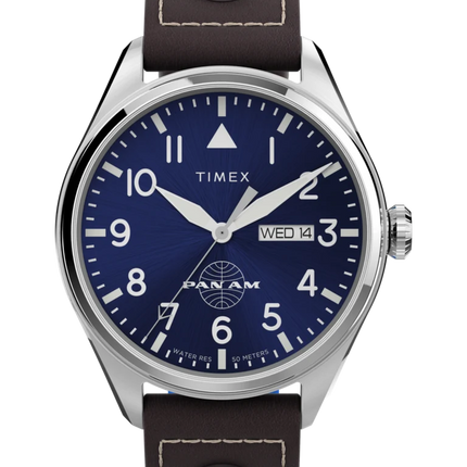 Timex X Pan Am Day Date TWG030100 Quartz Blue Dial Brown Leather Strap