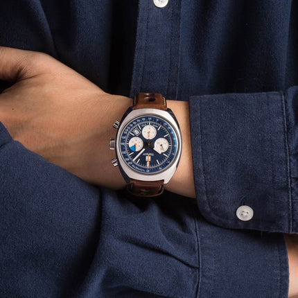 Tissot Heritage 1973 43mm T124.427.16.041.00 Chronograph Men Blue Dial Brown Leather Strap