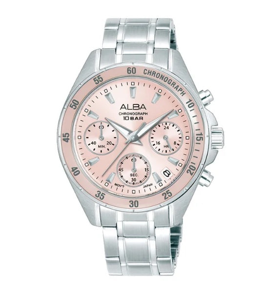 ALBA AT3K95X1 Chronograph Women Pink Dial Stainless Steel Strap