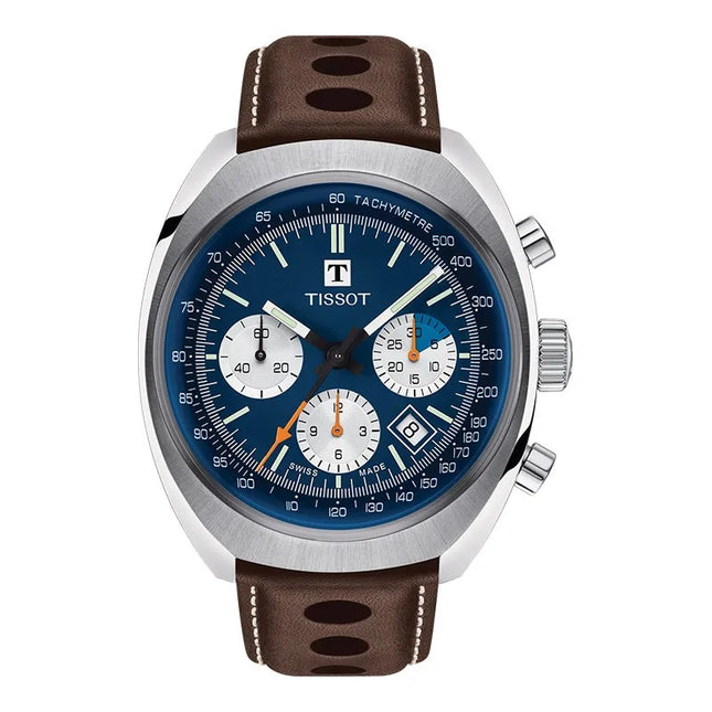 Tissot Heritage 1973 43mm T124.427.16.041.00 Chronograph Men Blue Dial Brown Leather Strap