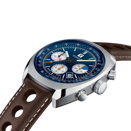 Tissot Heritage 1973 43mm T124.427.16.041.00 Chronograph Men Blue Dial Brown Leather Strap
