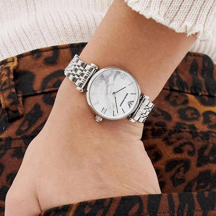 Emporio Armani AR11170 Ladies White Marble Dial Stainless Steel Strap