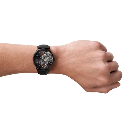 Emporio Armani Automatic AR60046 Meccanico Men Open Heart Black Dial Black Leather Strap