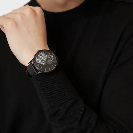 Emporio Armani Automatic AR60046 Meccanico Men Open Heart Black Dial Black Leather Strap